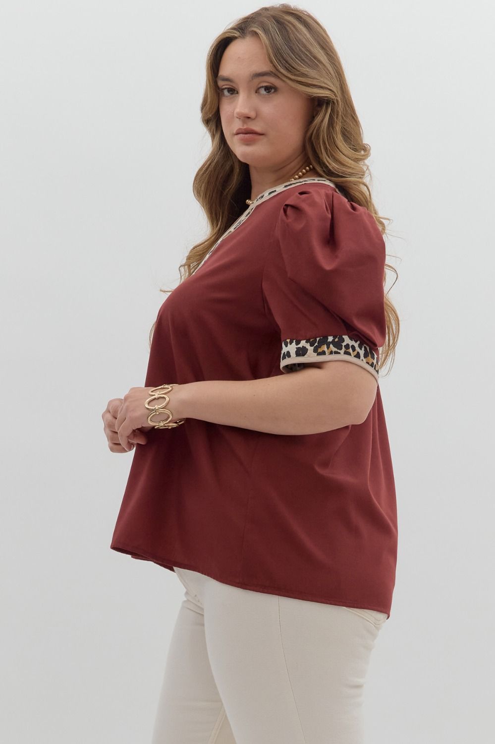 T26719P Curvy Solid and Leopard Print Top