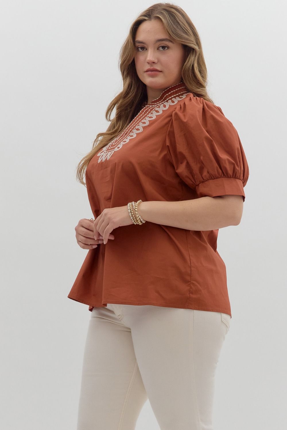 T27464P Curvy Solid Puff Sleeve Top