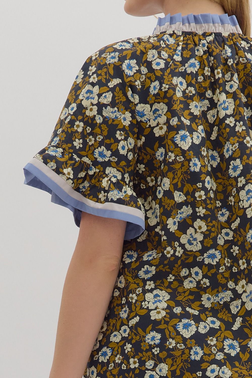 T28016 Floral Print Short Ruffle Sleeve Top