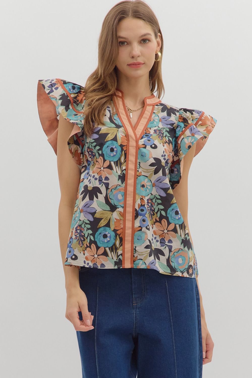T28208 Multi Floral Print Top