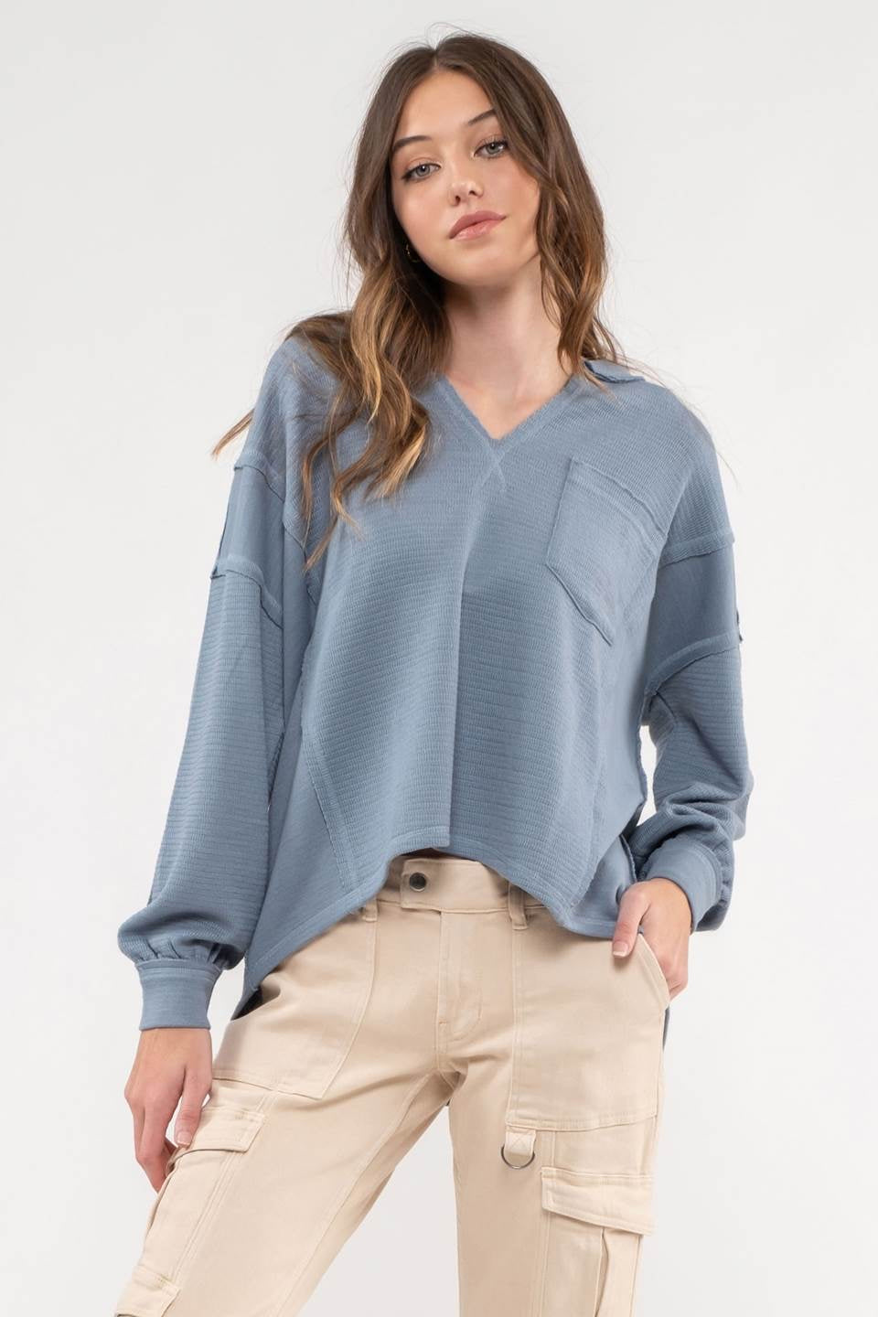 B3FT1034 Solid Patchwork Knit Top