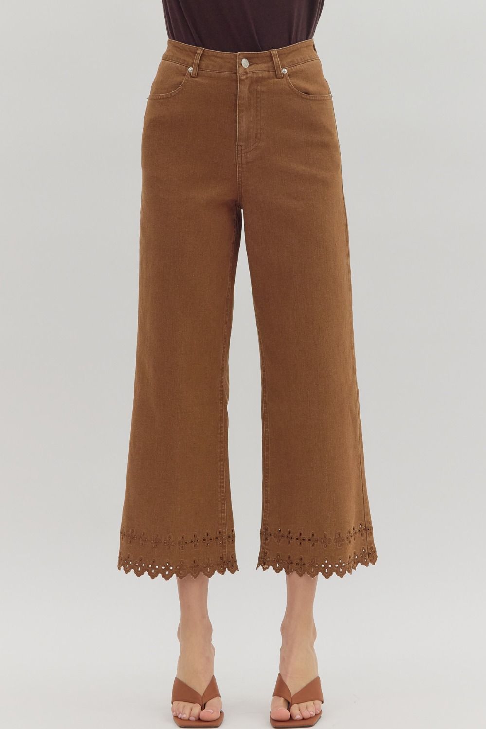 P26396 Floral Embroidered Border Hem Pants