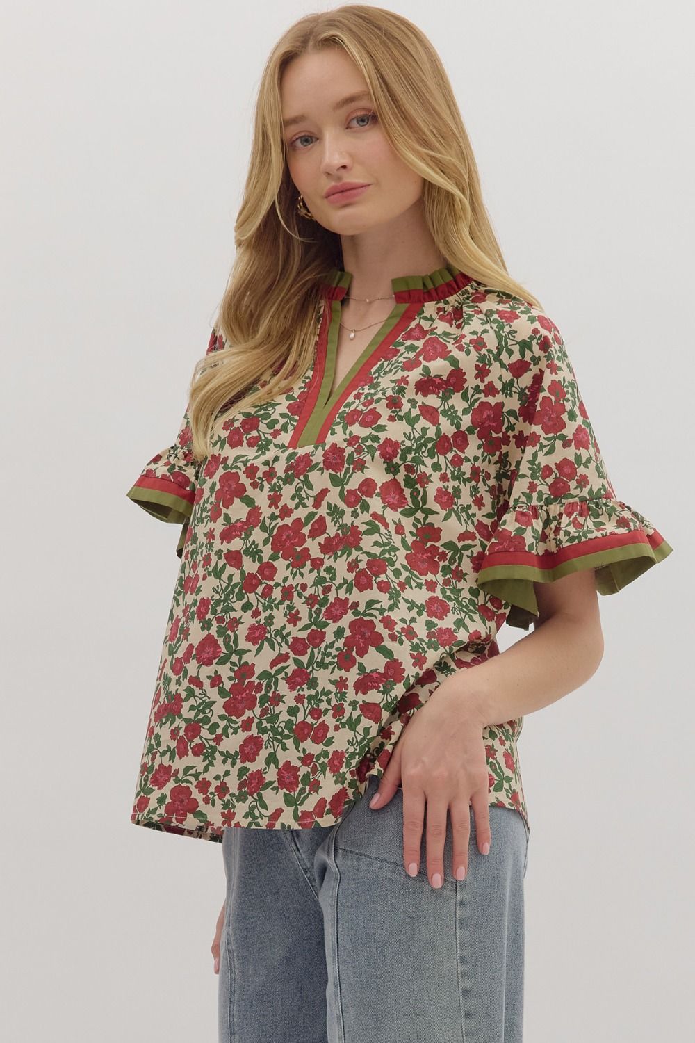 T28016 Floral Print Short Ruffle Sleeve Top