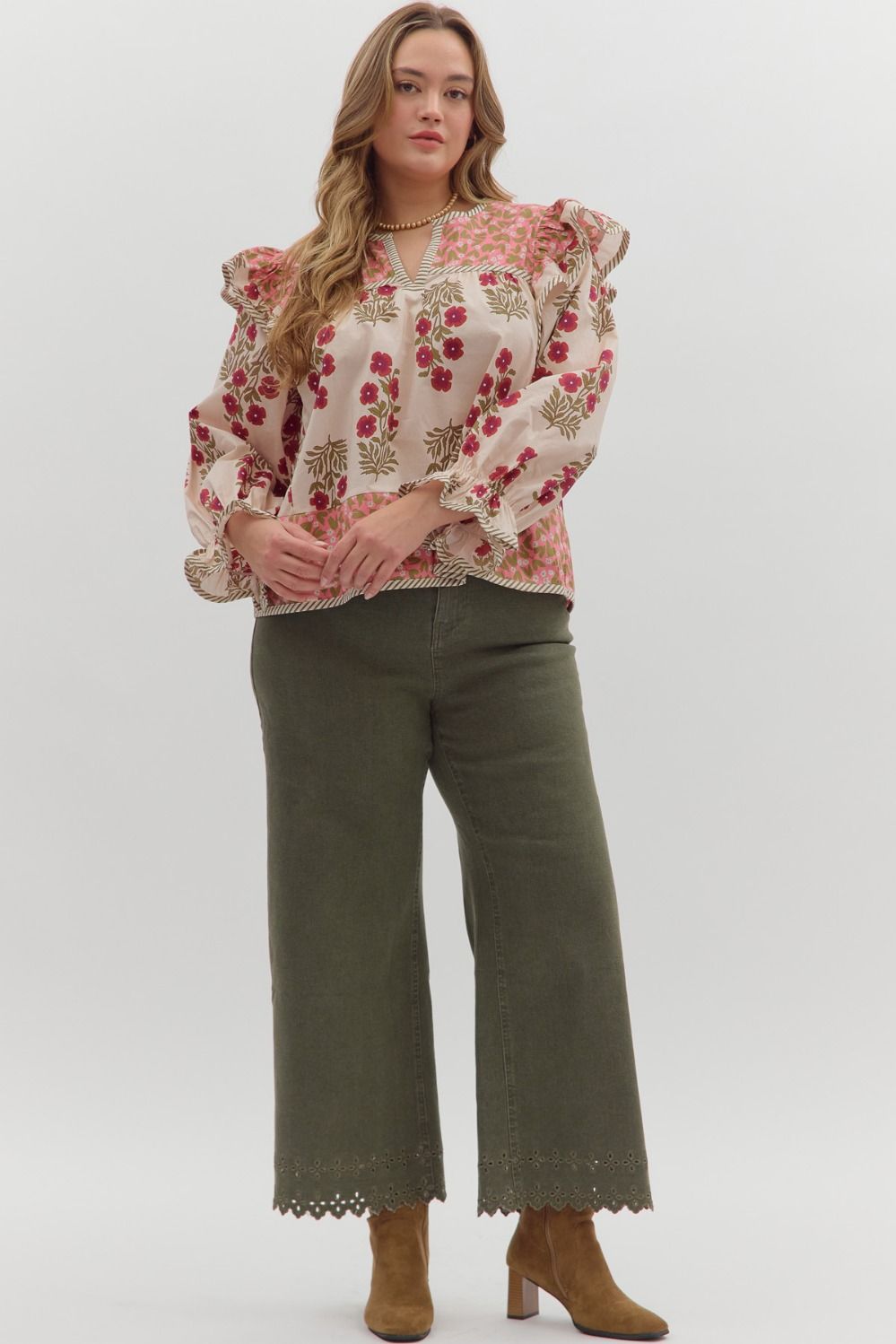 T28295P Curvy Multi-Print Long Sleeve Top