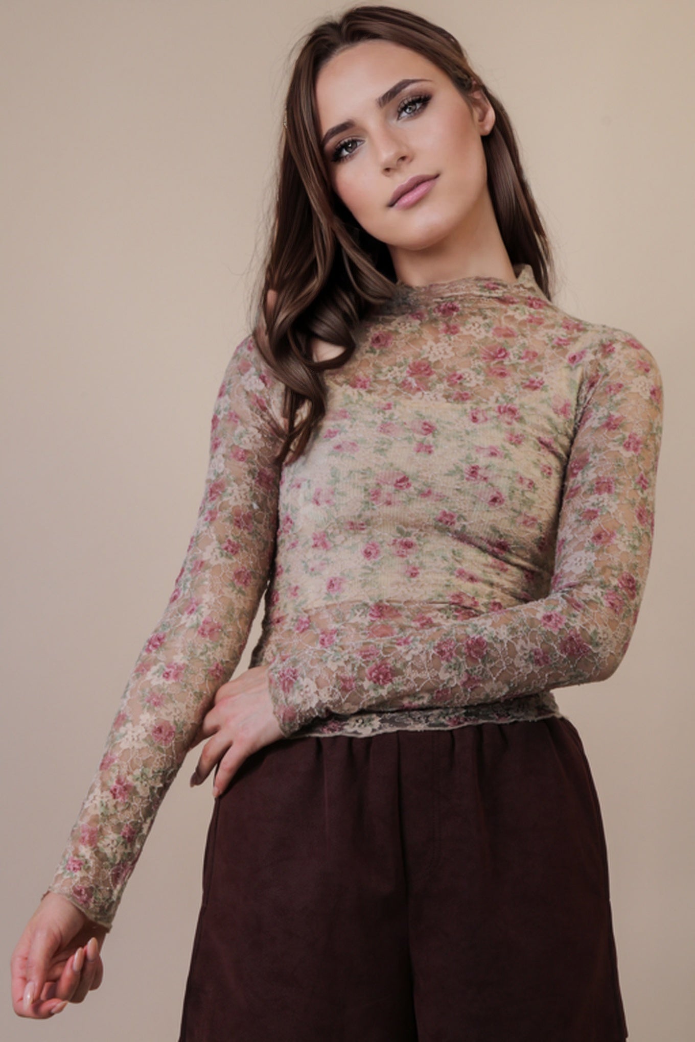NT12220 Fitted Sheer Mesh Lace Top