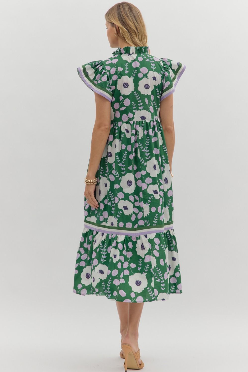 D28051 Floral Print Flutter Sleeve Midi Dress