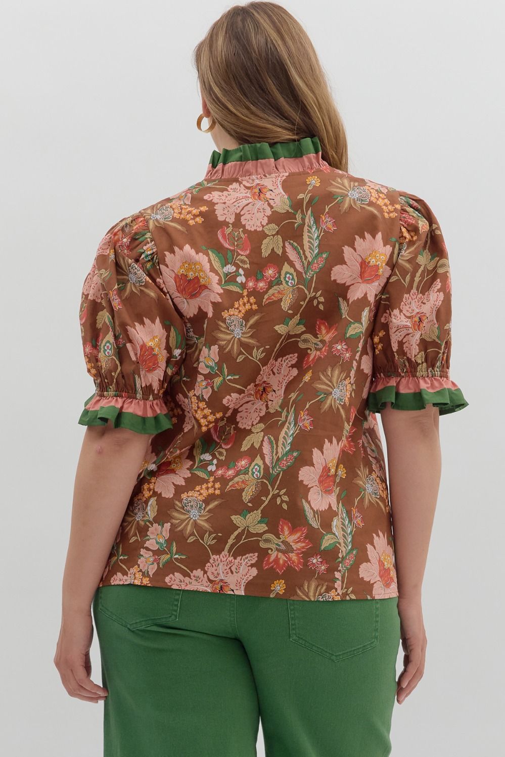 T27949P Curvy Floral Print Puff Sleeve Top