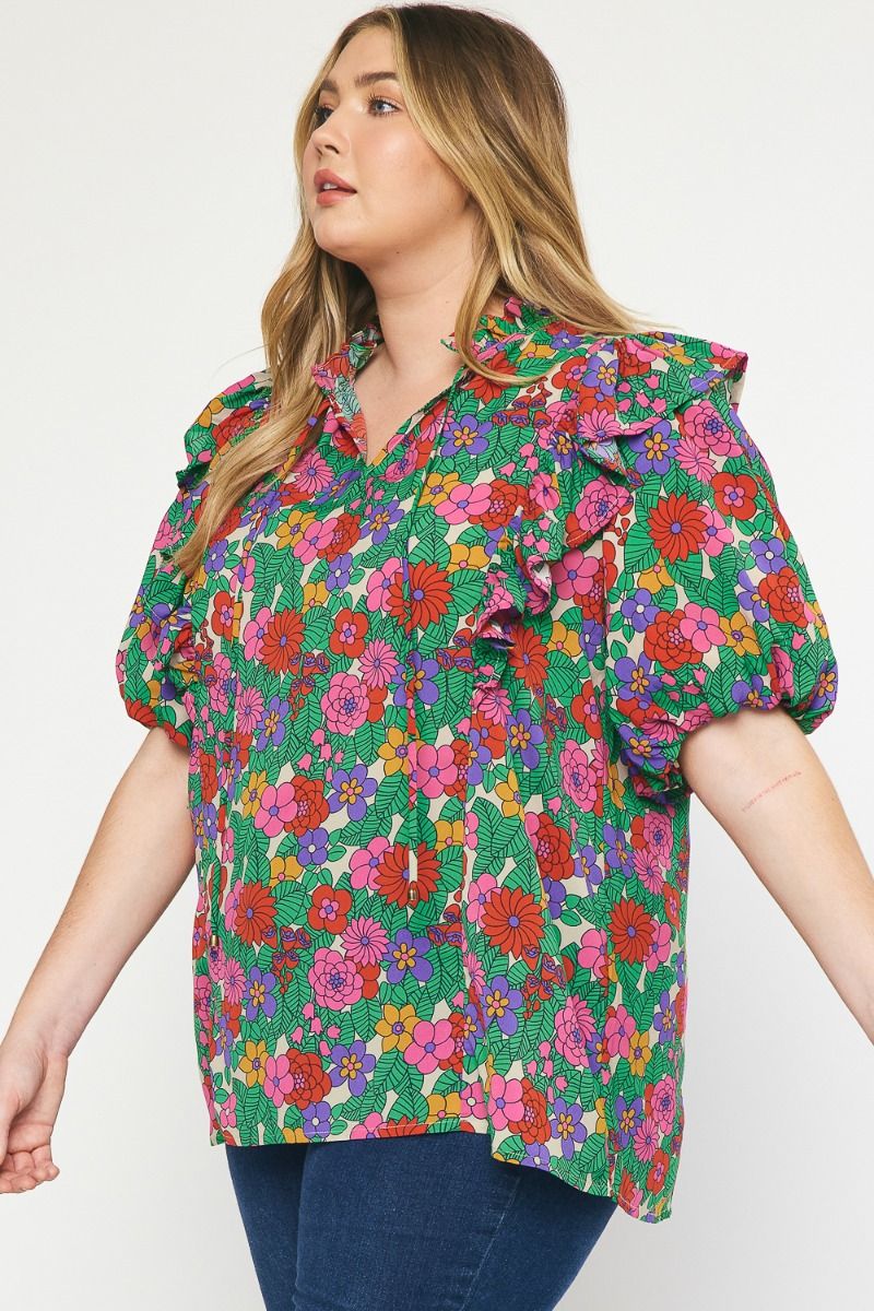 T21322P Curvy Floral Print V-Neck Top
