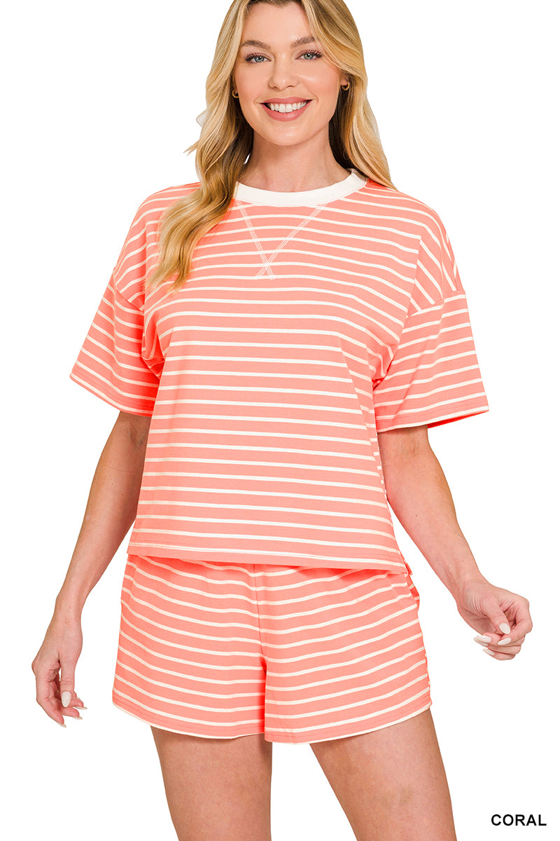 CTCP-3560 Round Neck Striped Shorts Set