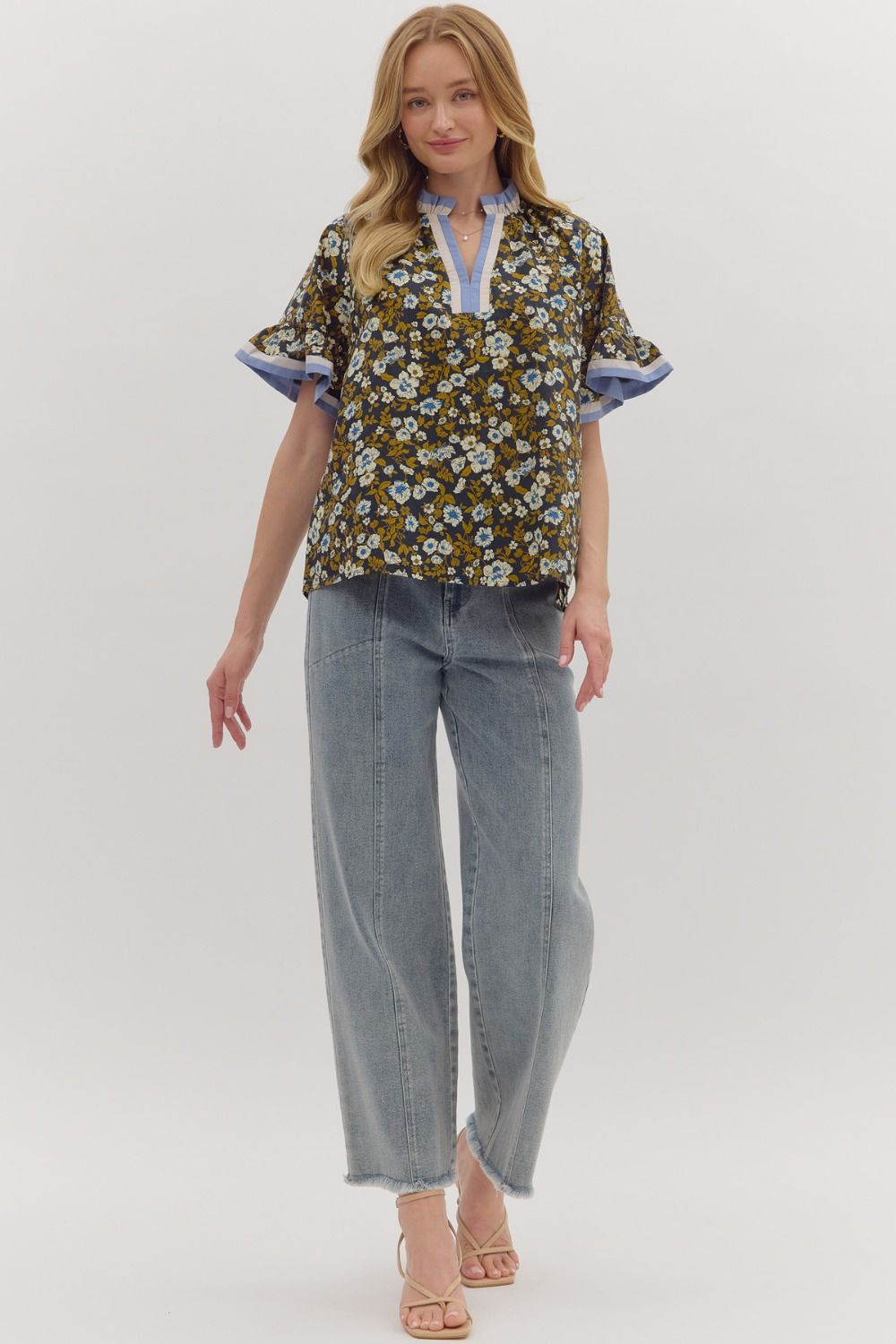 T28016 Floral Print Short Ruffle Sleeve Top