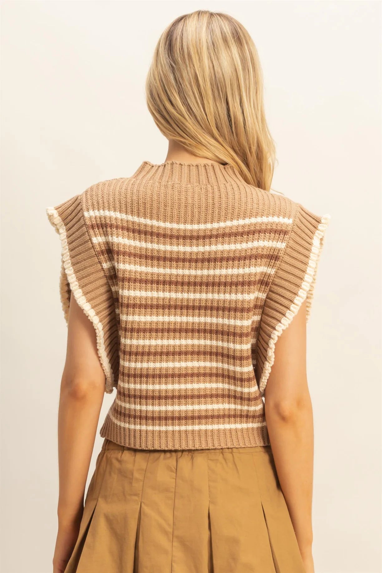 HF25E871 Chic Striped Mock Neck Sleeveless Sweater Vest