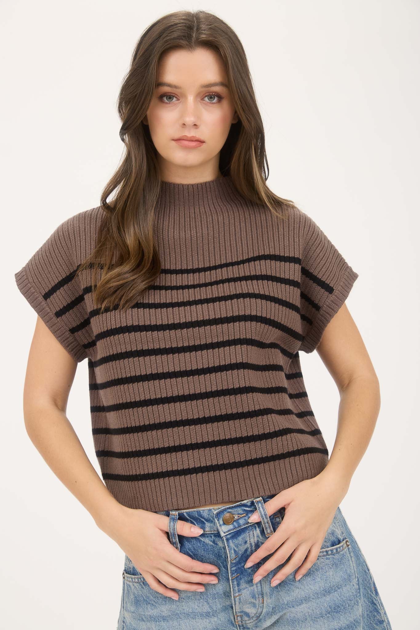 B5FT1014 Striped Mock Neck Sweater