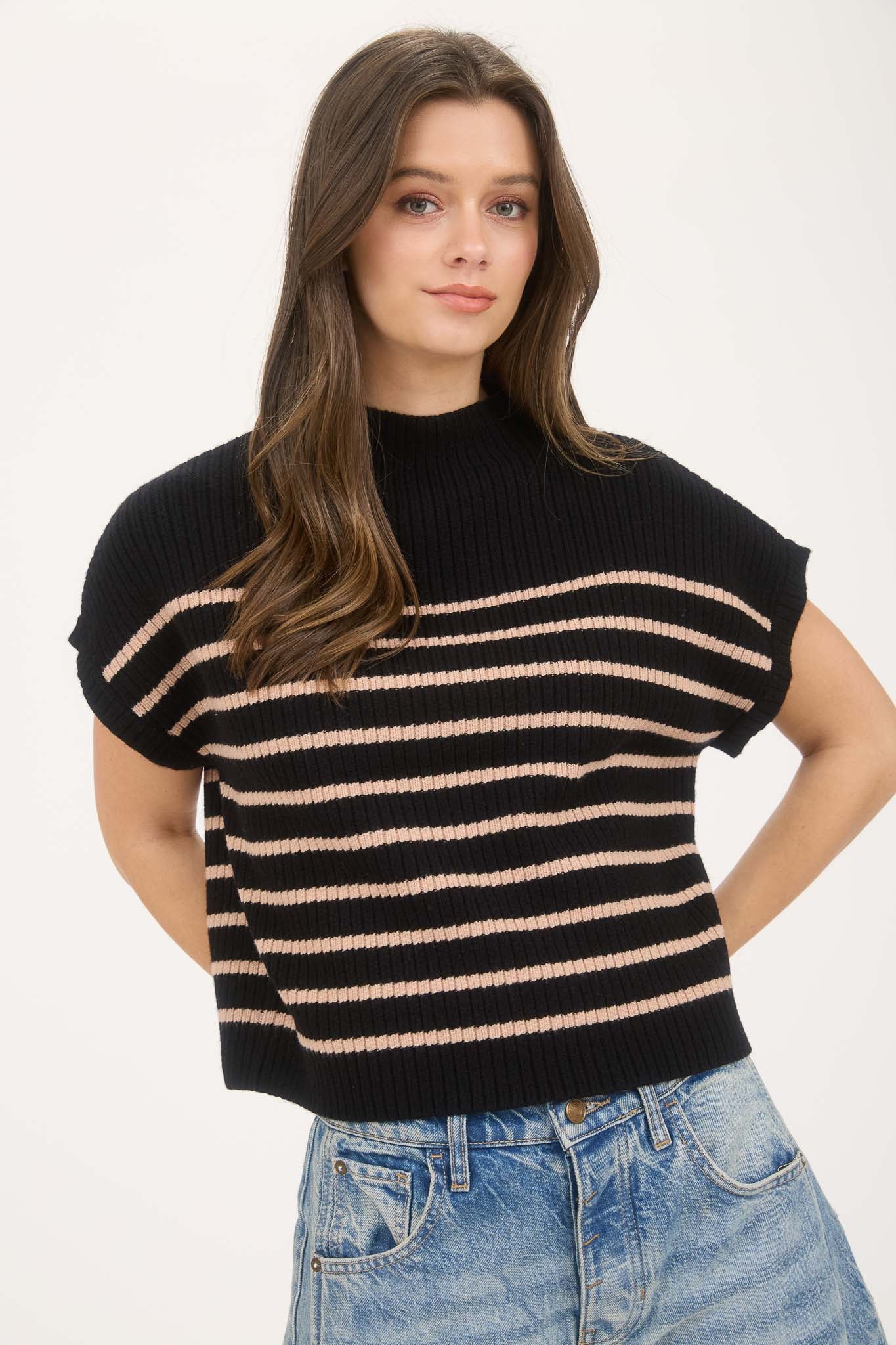 B5FT1014 Striped Mock Neck Sweater