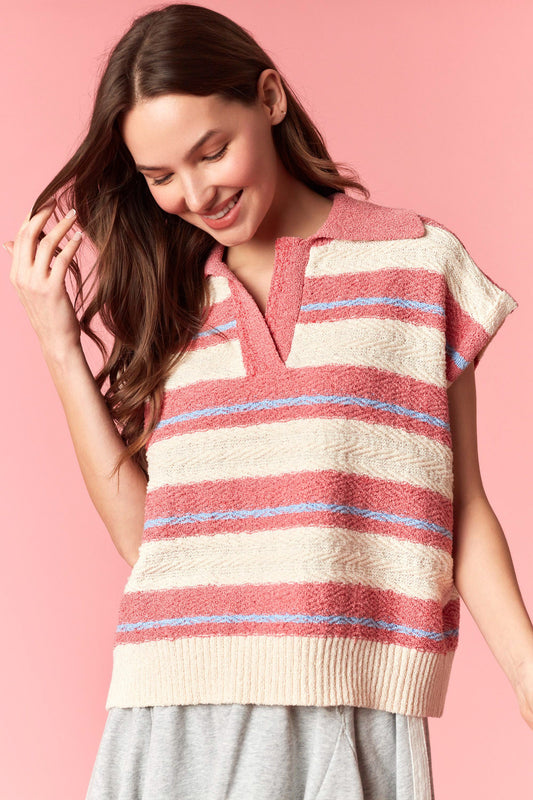 IKT200973-02 Multi Stripe Jacquard Collar Sweater Top