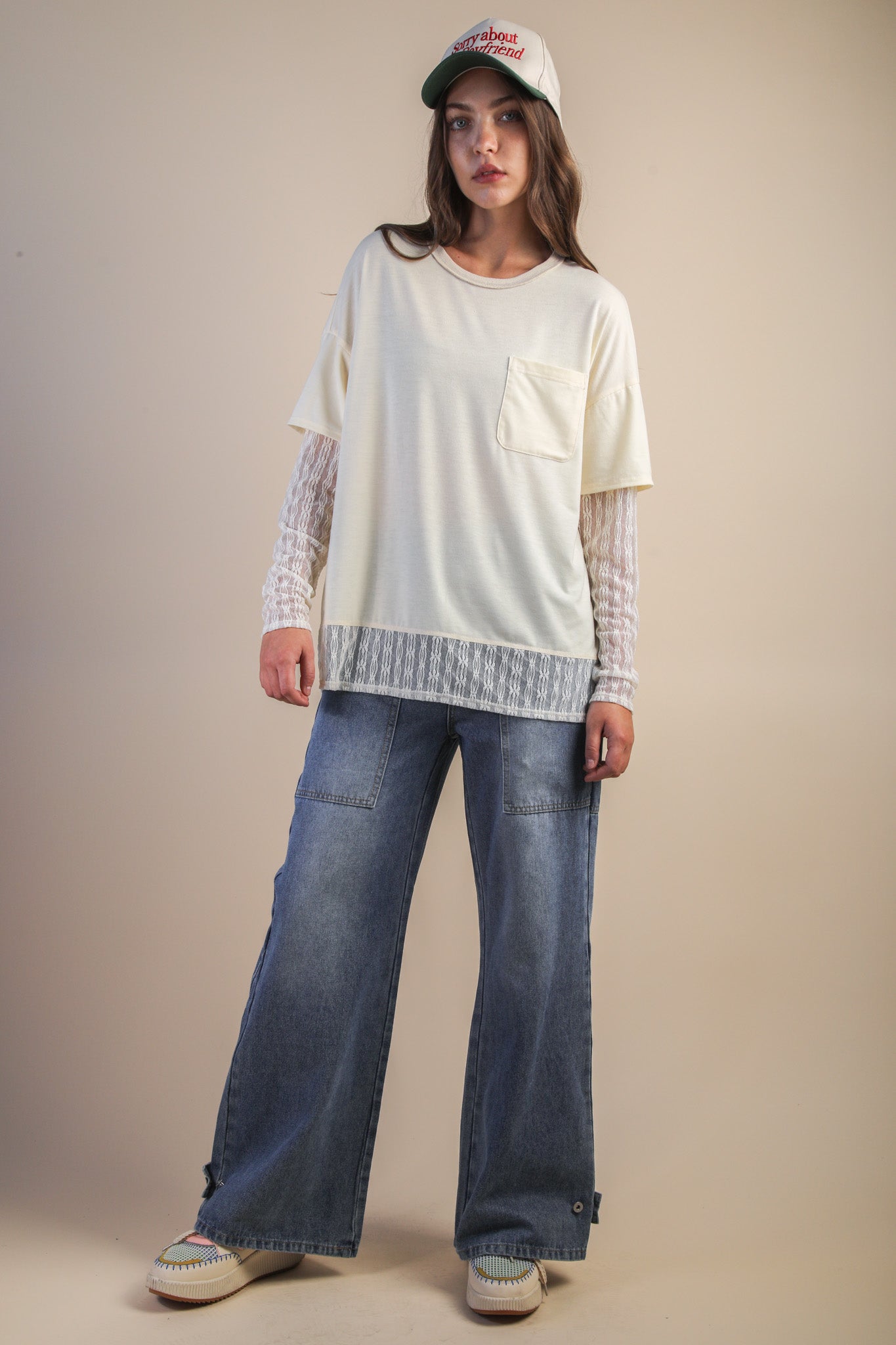 NT12351 Oversized Knit Top with Lace