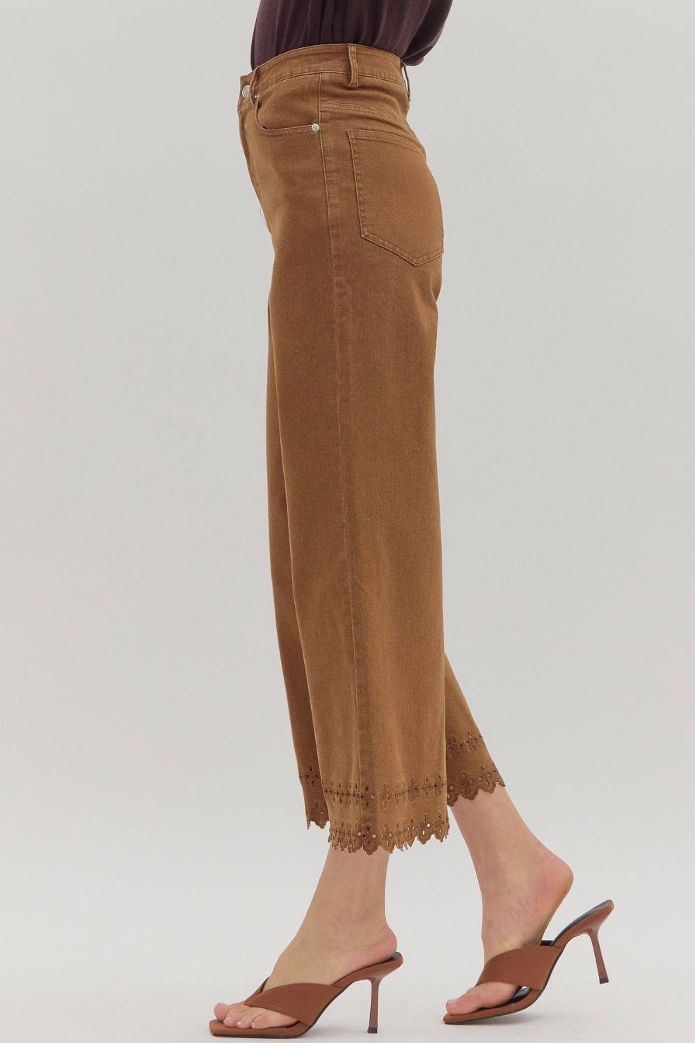 P26396 Floral Embroidered Border Hem Pants