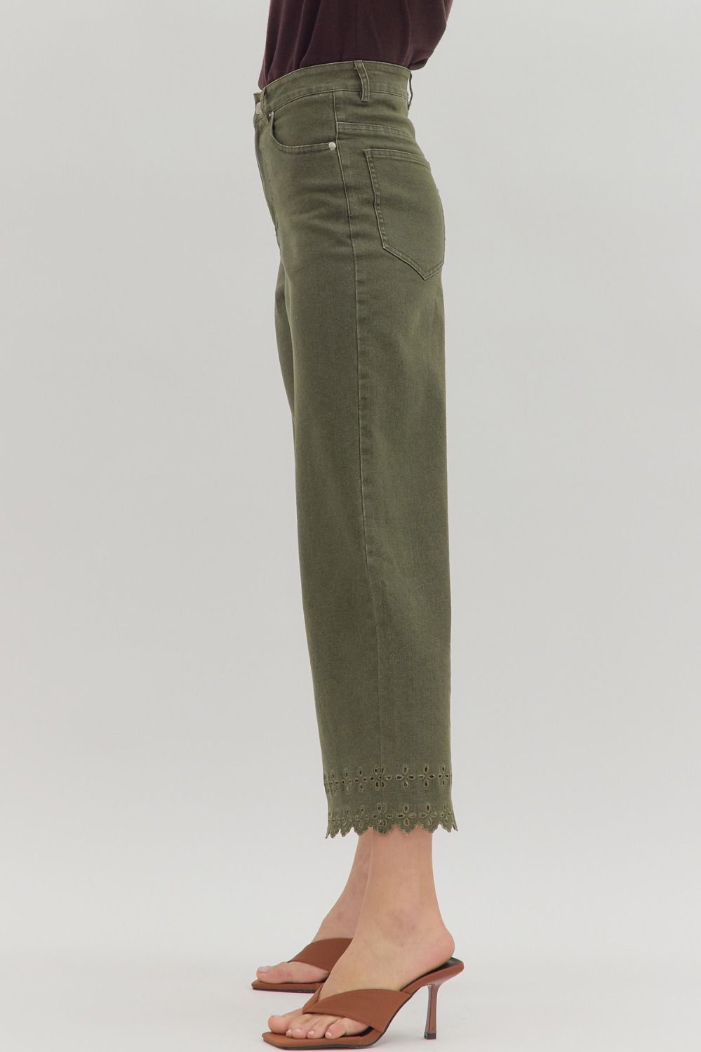 P26396 Floral Embroidered Border Hem Pants