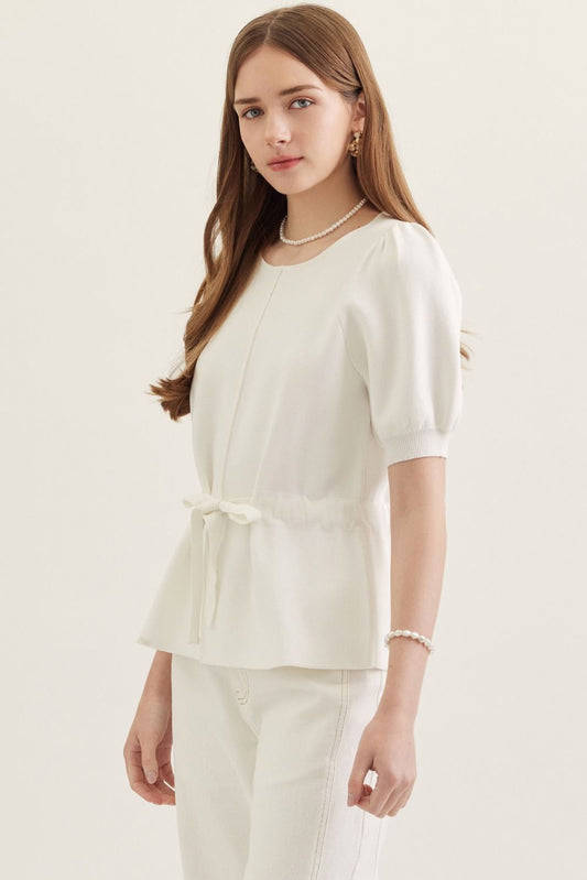 T30303 Solid Self Tie Waist Detail Top