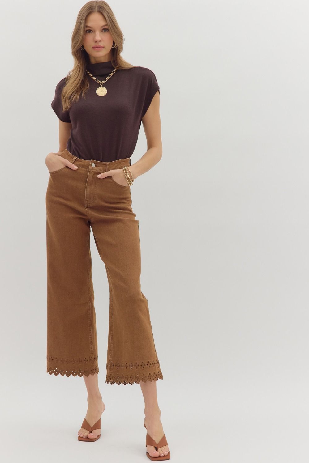 P26396 Floral Embroidered Border Hem Pants