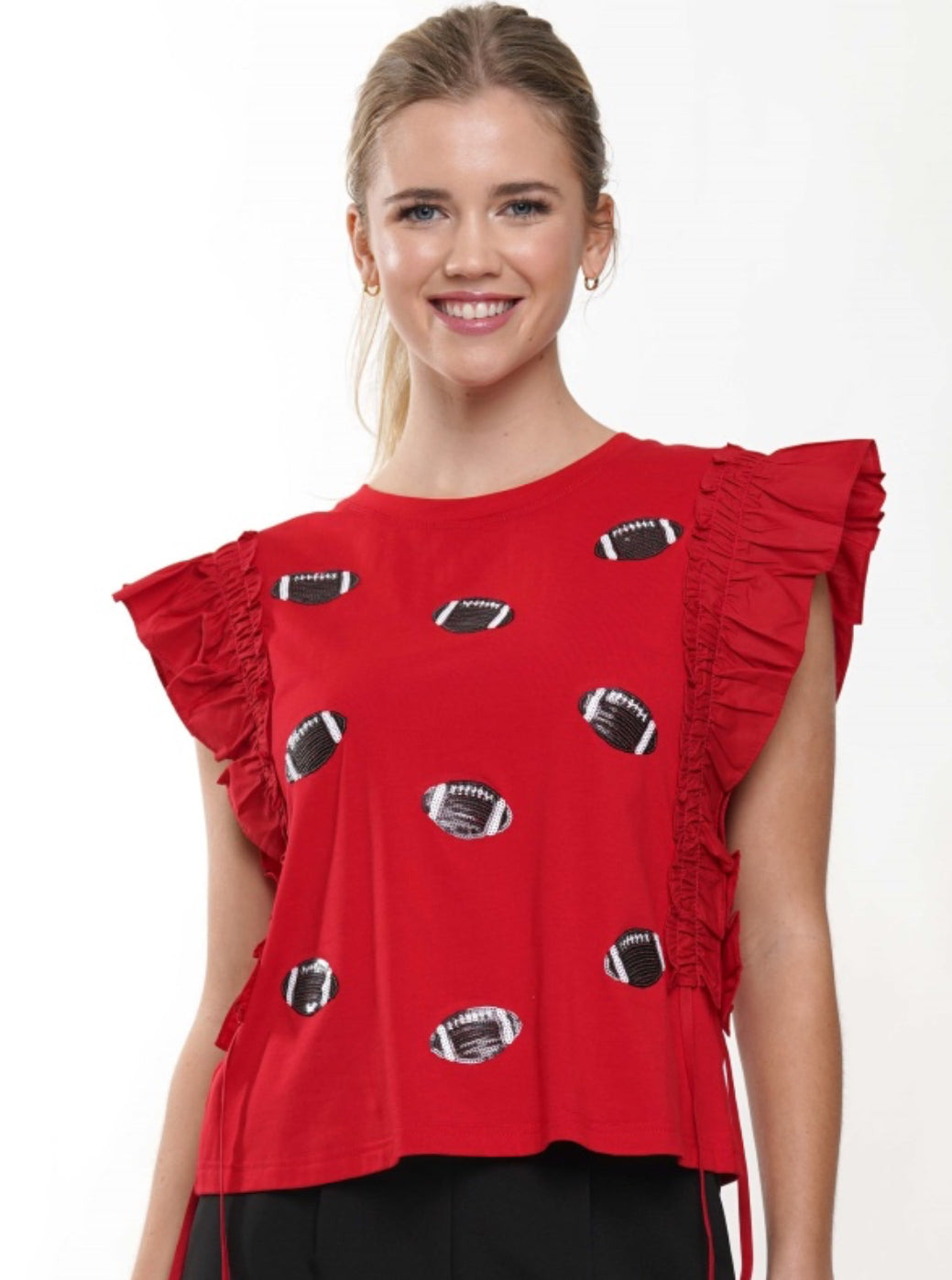 T240218 Ruffle Sleeve Sequin Football Top