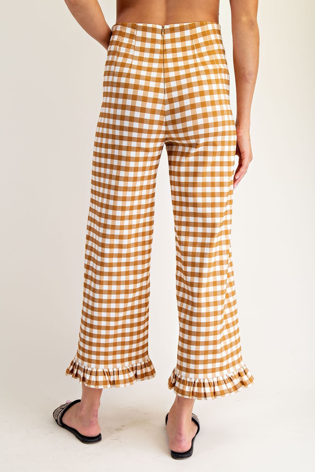 PK14573 Gingham Ruffle Trim Straight Leg Pants