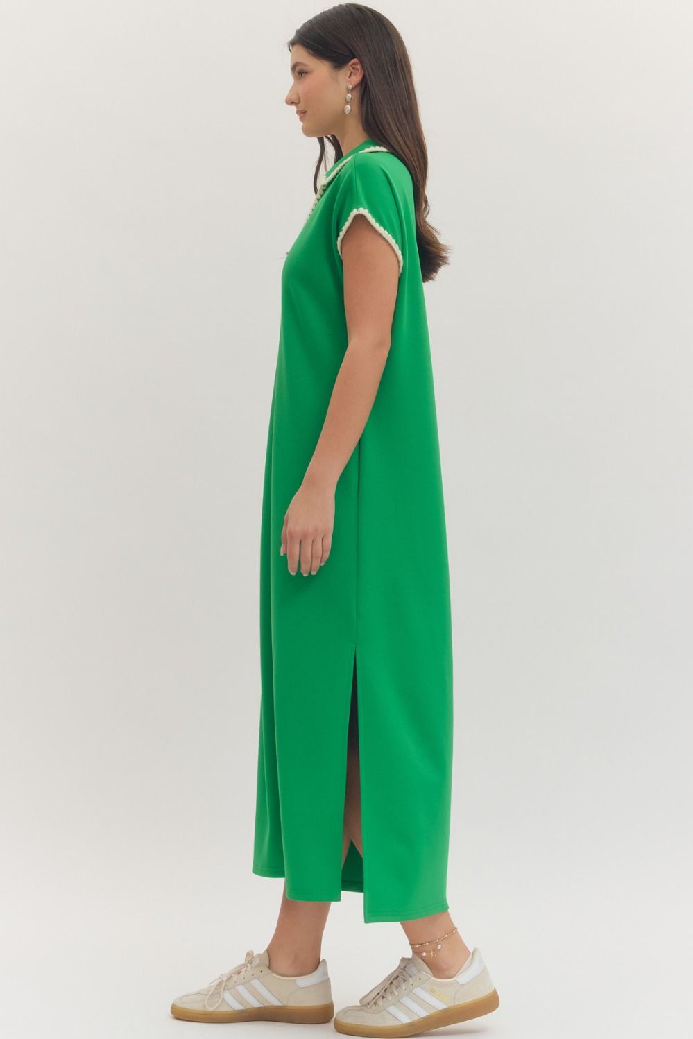 D31369 Solid Contrast Trim Midi Dress