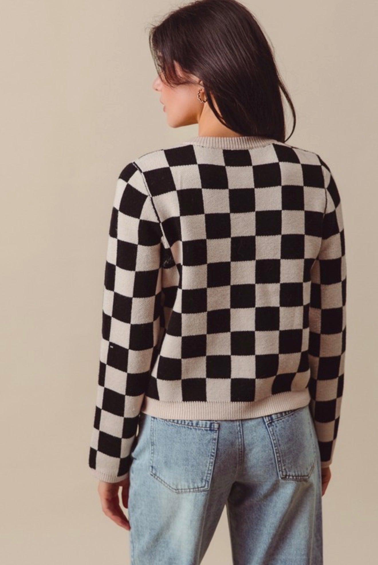 ST2146-01 Front Tie Checkered Sweater