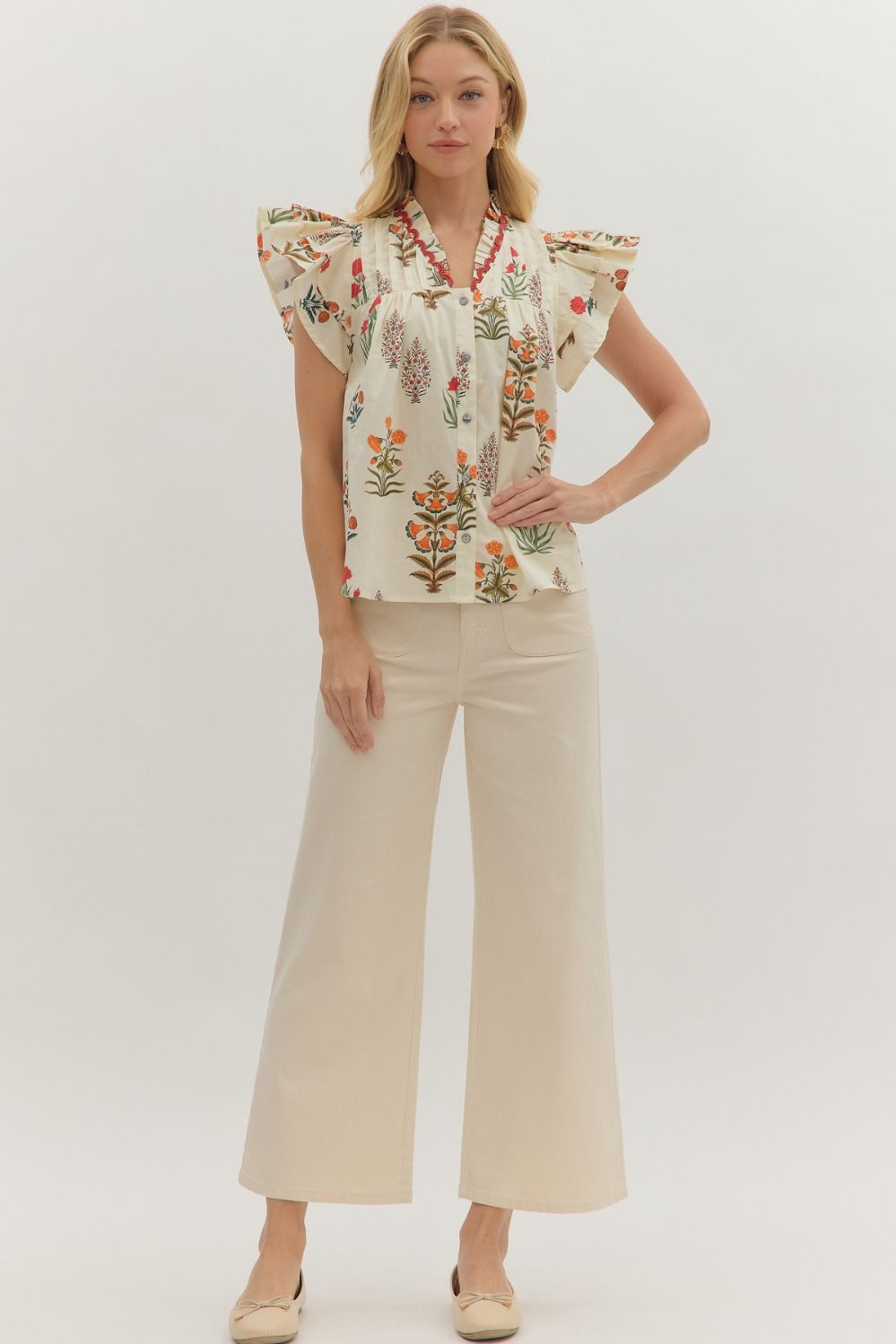 T28232 Botanical Print Flutter Sleeve Top