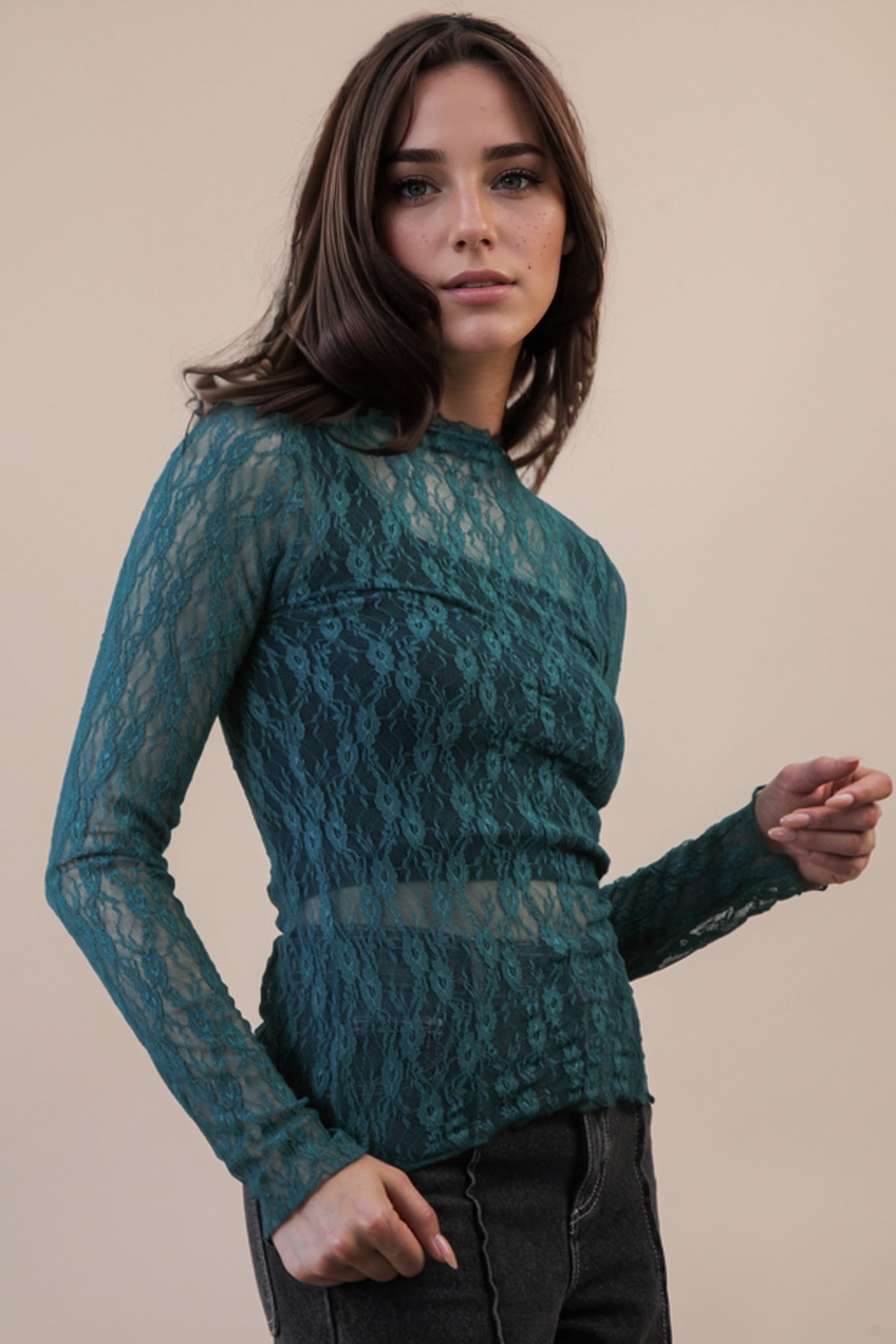 NT12220 Fitted Sheer Mesh Lace Top