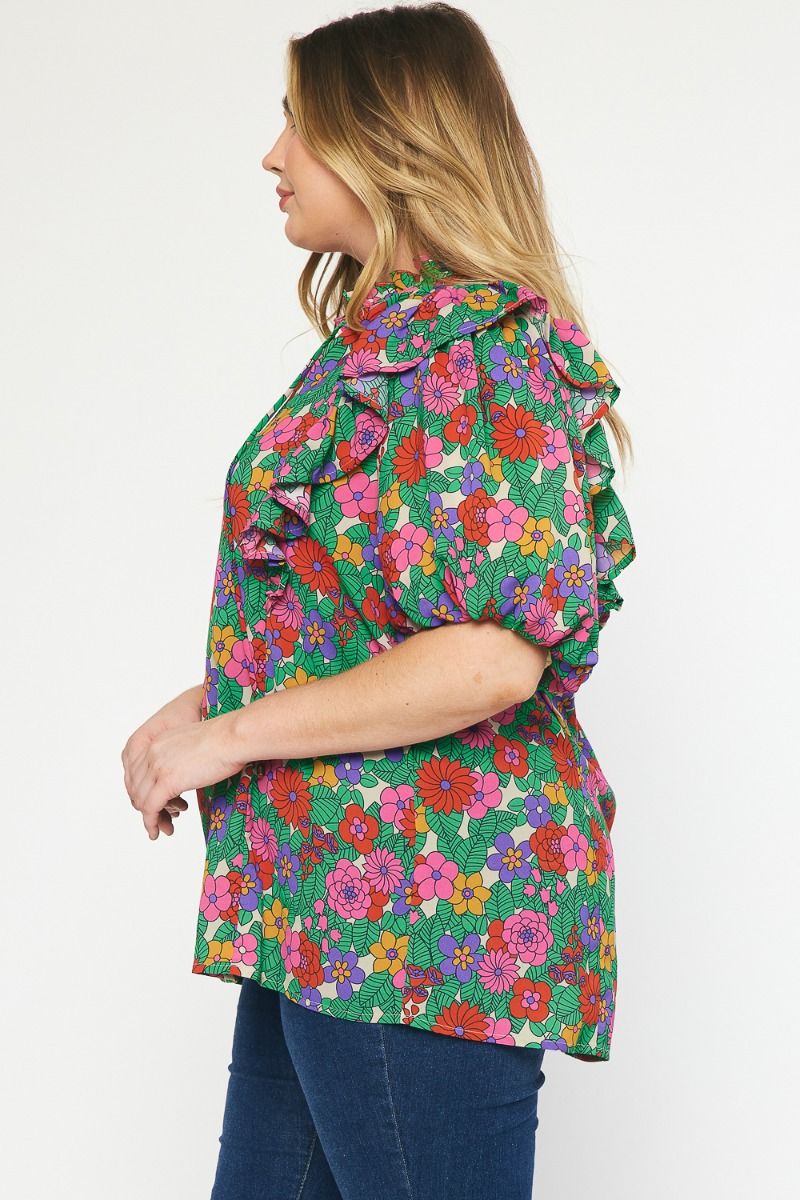 T21322P Curvy Floral Print V-Neck Top