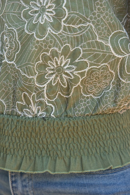 35989 Smocked and Ruffle Detail Floral Embroidered Top
