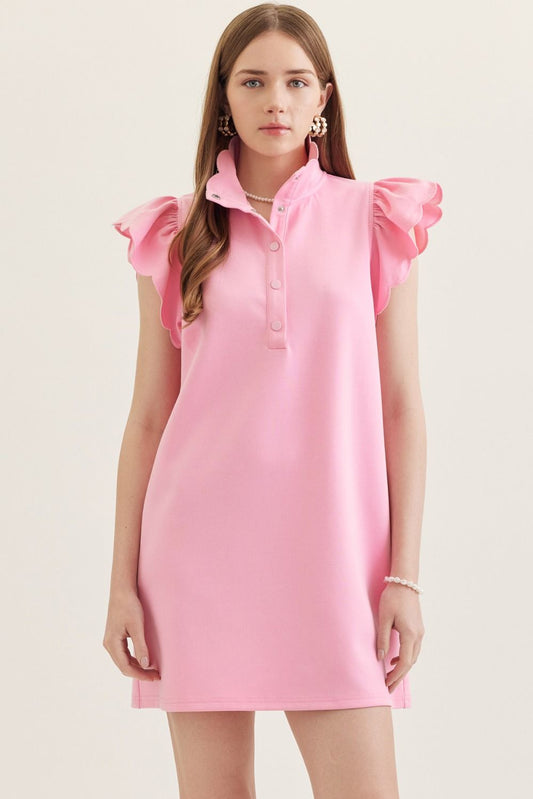 D31253 Solid Scallop Flutter Sleeve Mini Dress