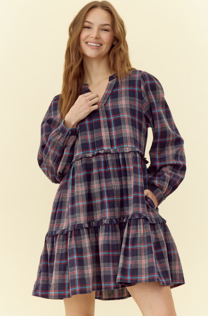 H11364 Check Print Dress Blue Willow Boutique LLC H11364 Check Print Dress Blue Willow Boutique LLC