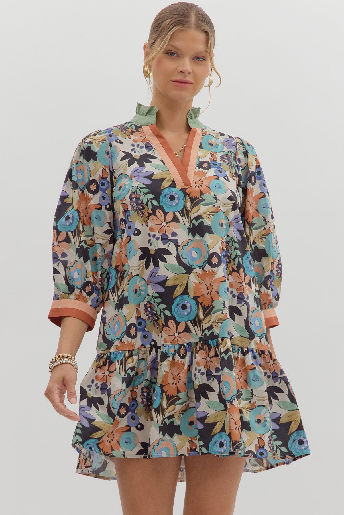 D28207 Multi-Floral Pattern Mini Dress