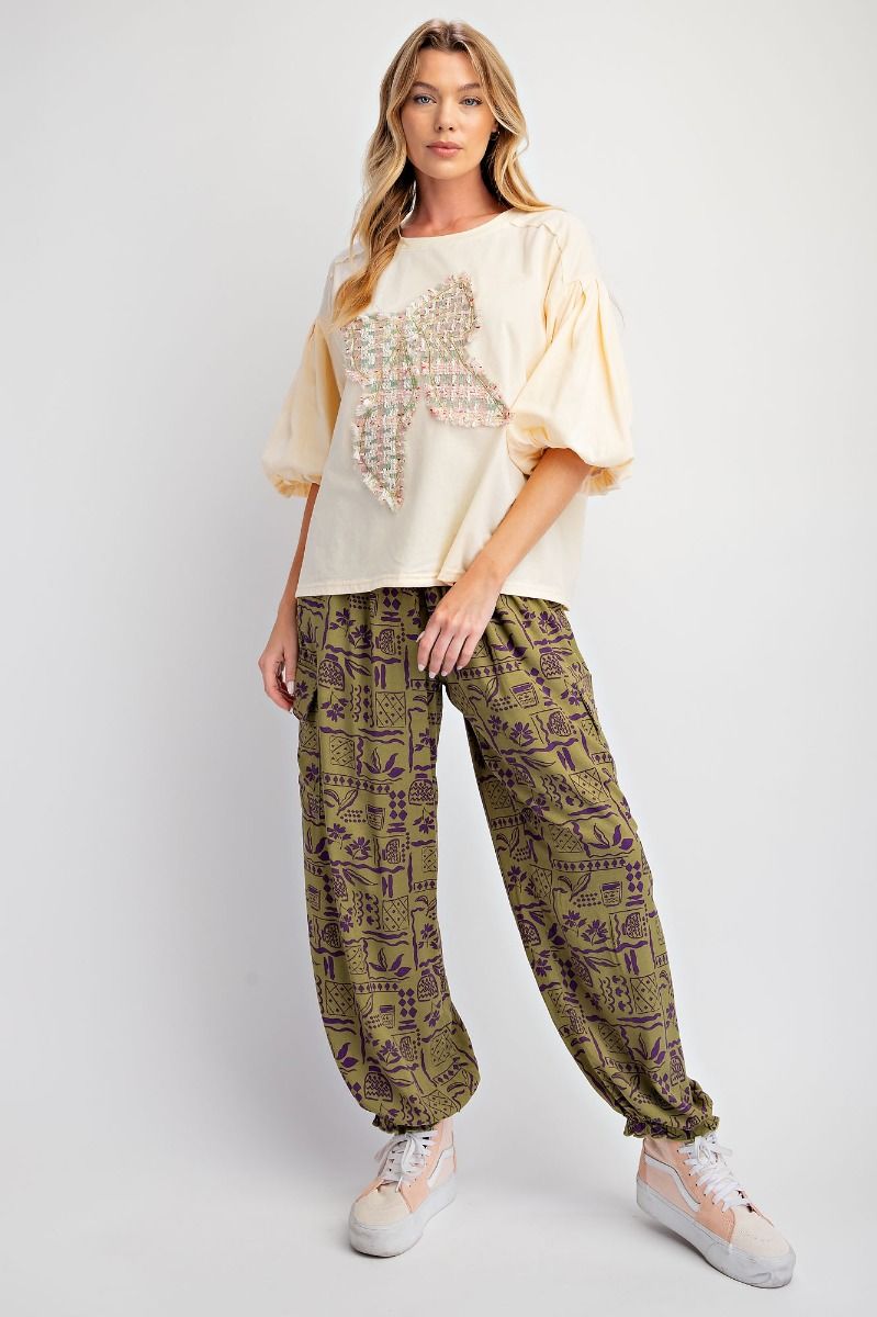 ET25243 Tweed Ribbon Patch Top