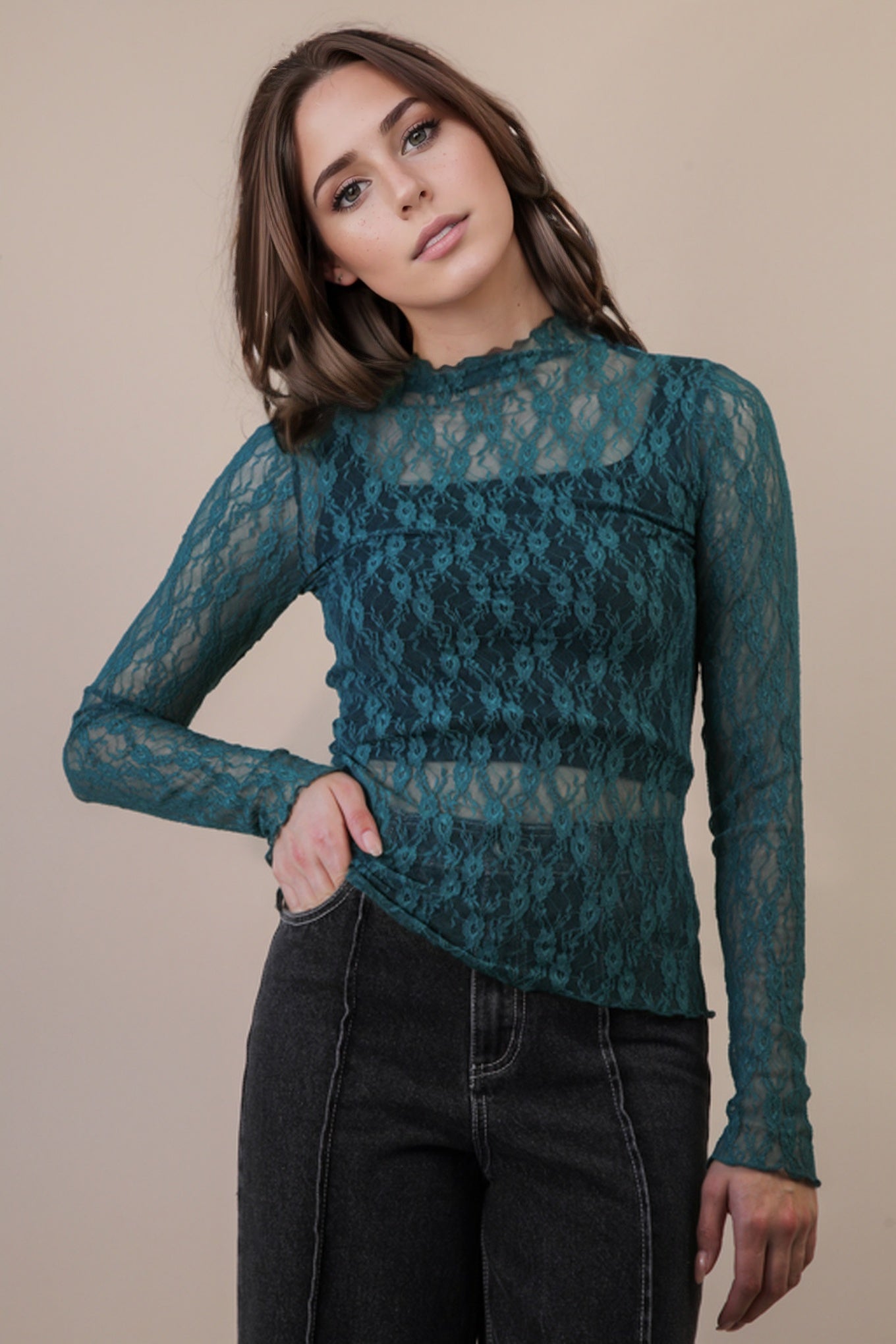 NT12220 Fitted Sheer Mesh Lace Top