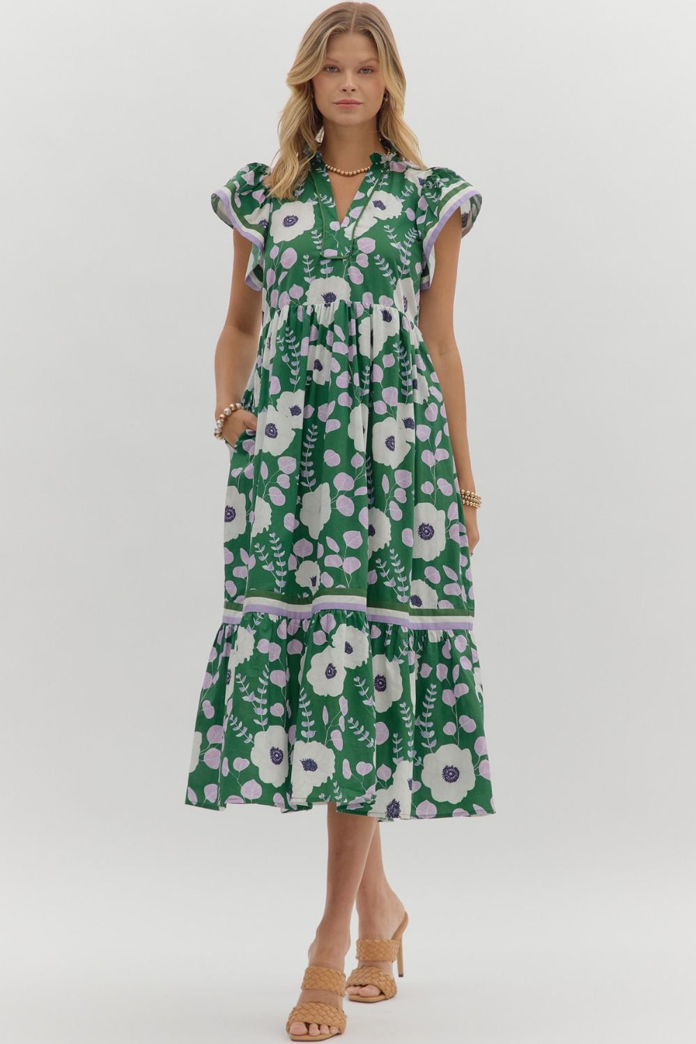 D28051 Floral Print Flutter Sleeve Midi Dress