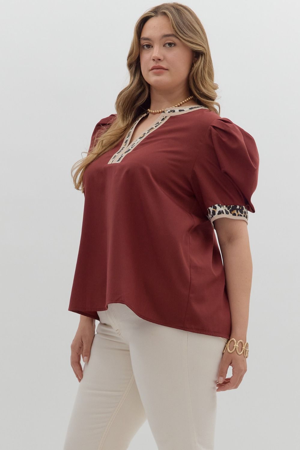 T26719P Curvy Solid and Leopard Print Top