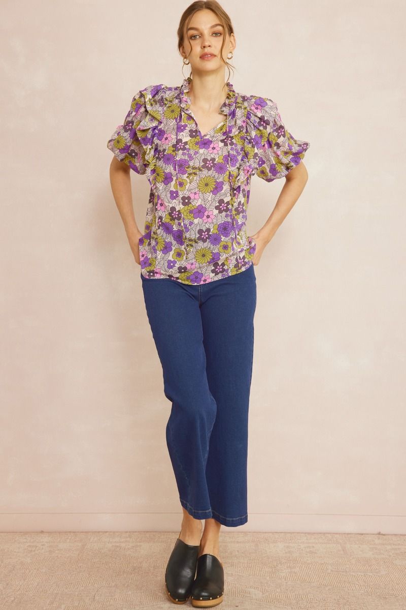 T21322 Floral Print V-Neck Top