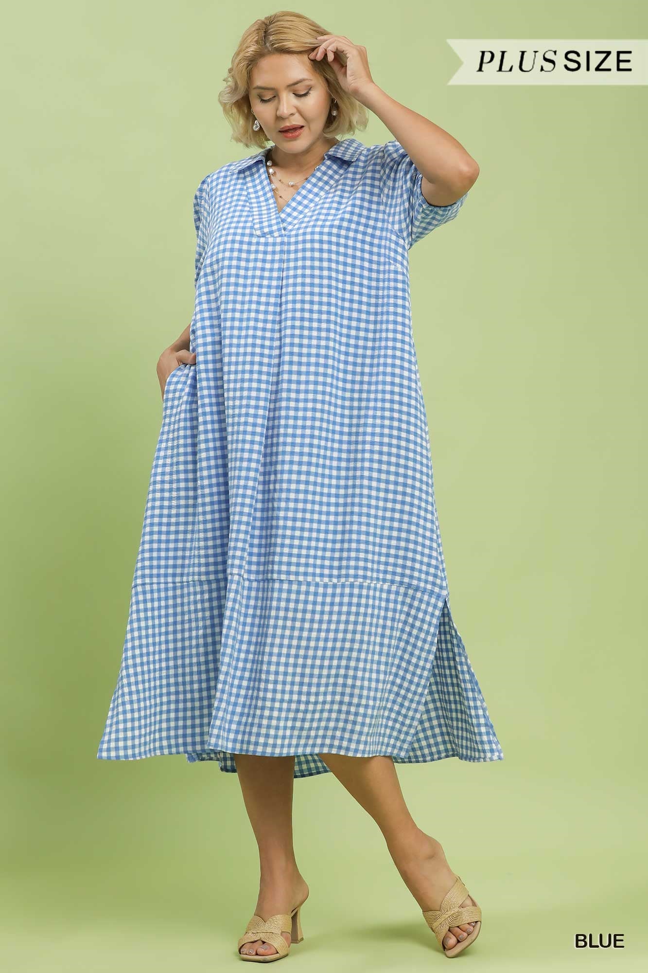 WC6338 Curvy Gingham Midi Dress Blue / XL