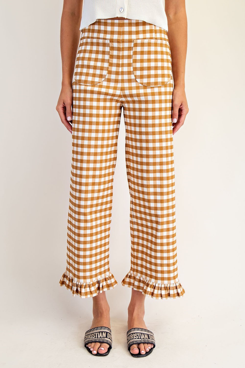 PK14573 Gingham Ruffle Trim Straight Leg Pants