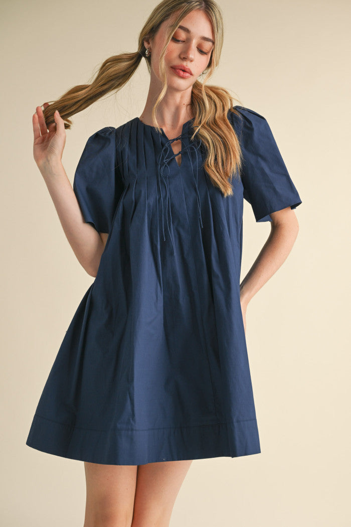 MDR3704 Pleated Short Sleeve Mini Dress