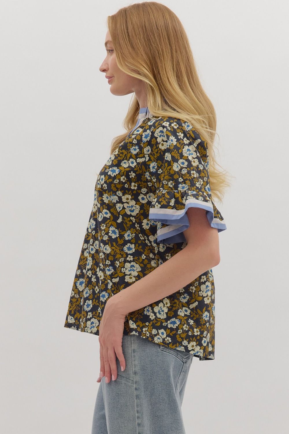 T28016 Floral Print Short Ruffle Sleeve Top