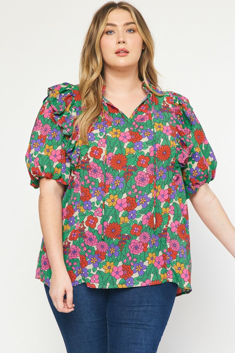 T21322P Curvy Floral Print V-Neck Top