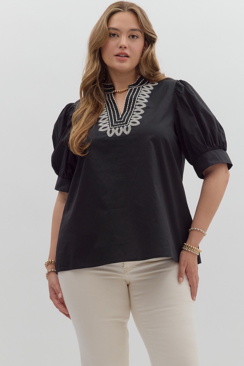T27464P Curvy Solid Puff Sleeve Top
