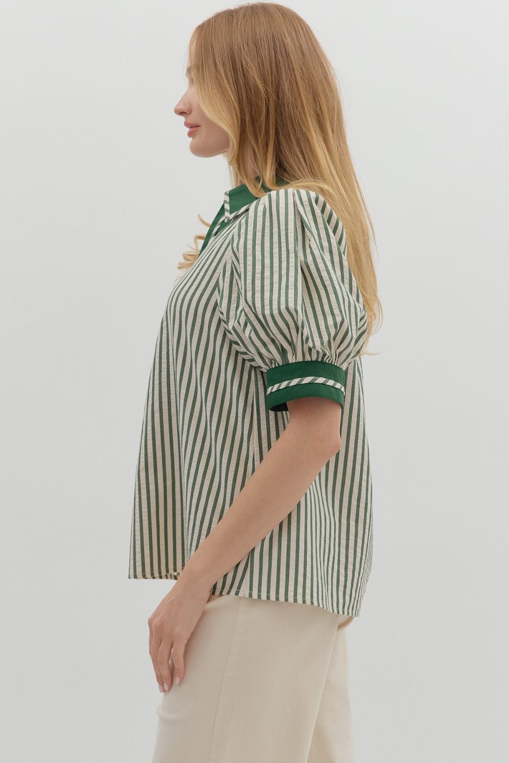 T27102 Stripe Pattern Puff Sleeve Top