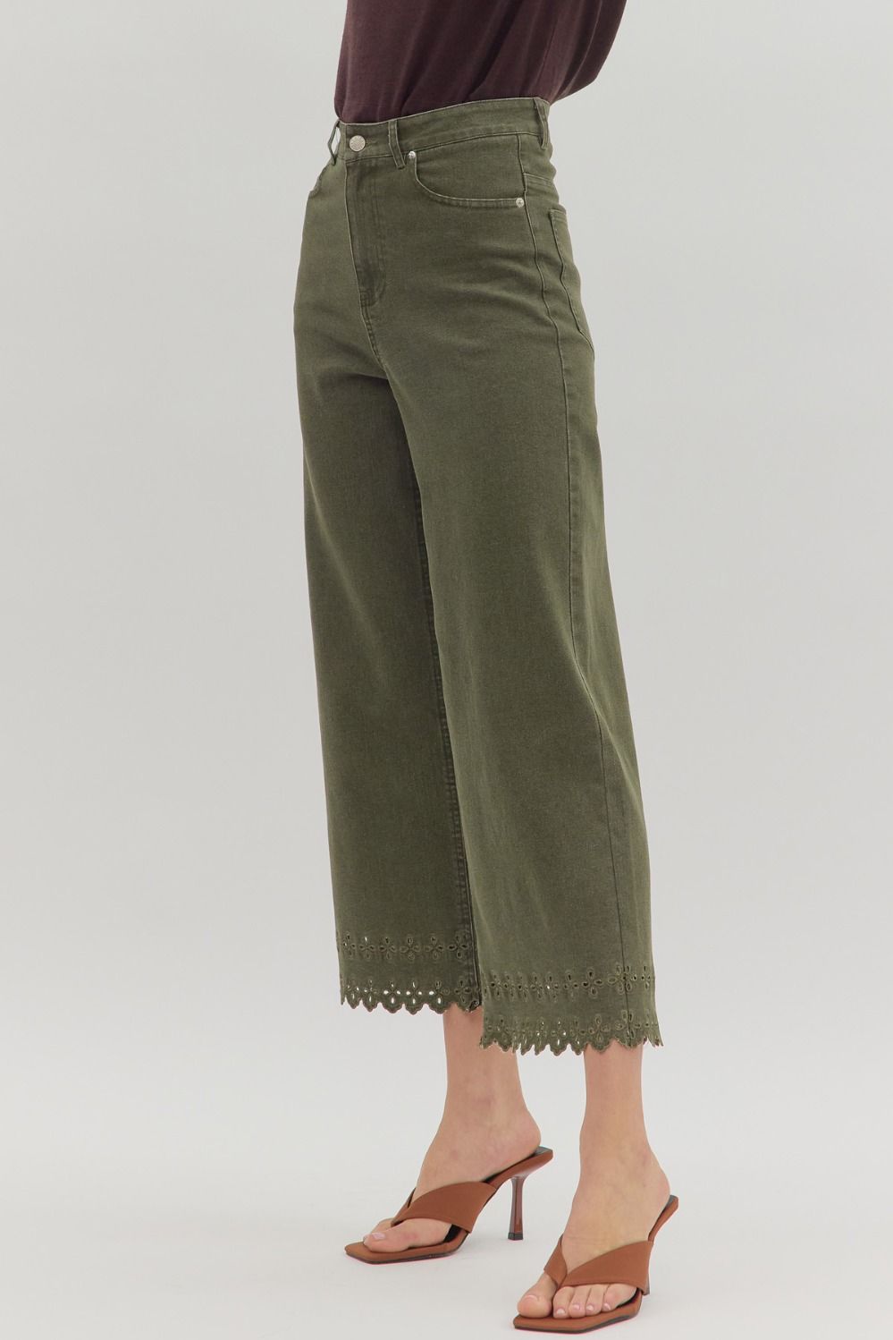 P26396 Floral Embroidered Border Hem Pants