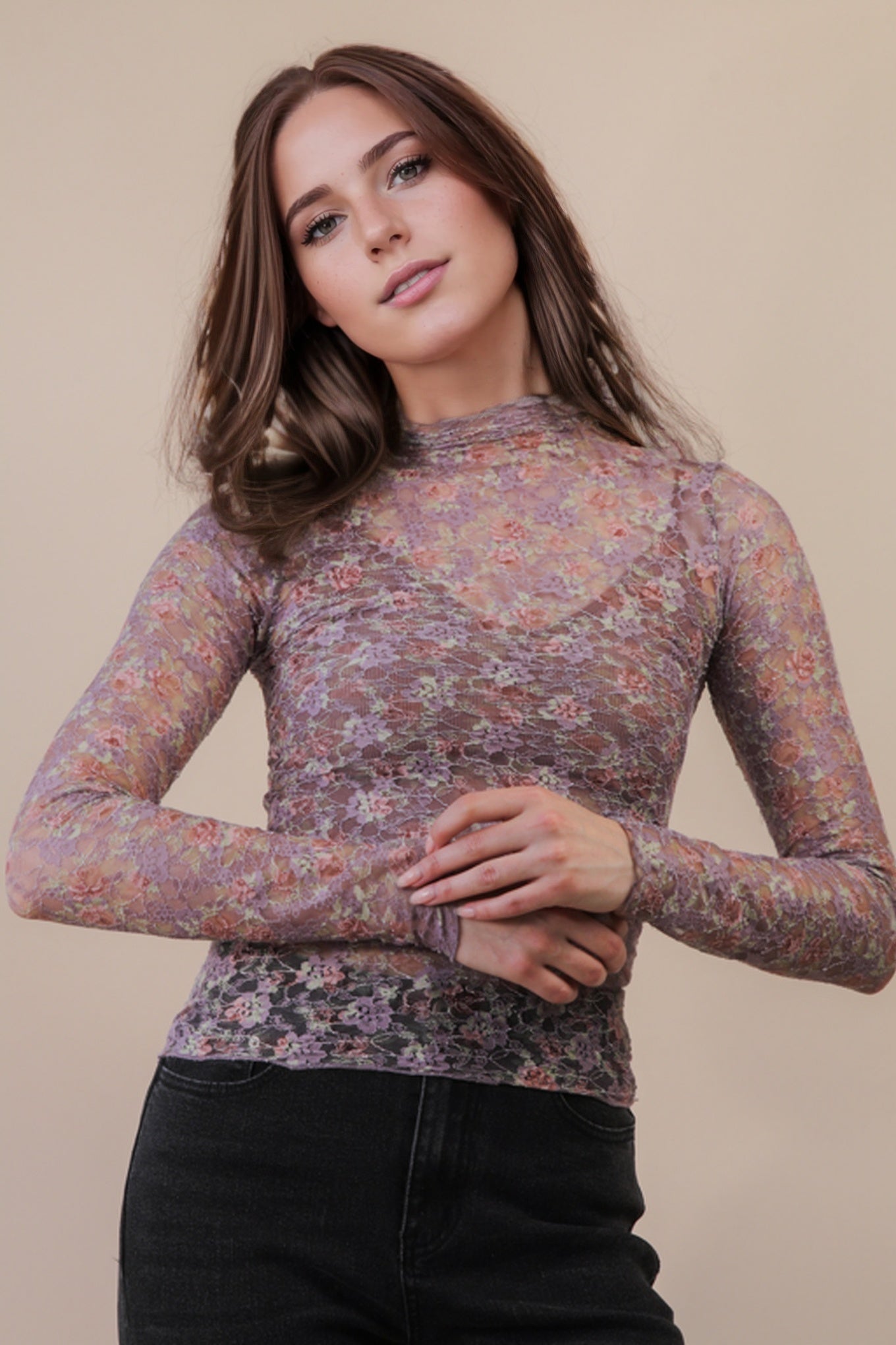 NT12220 Fitted Sheer Mesh Lace Top