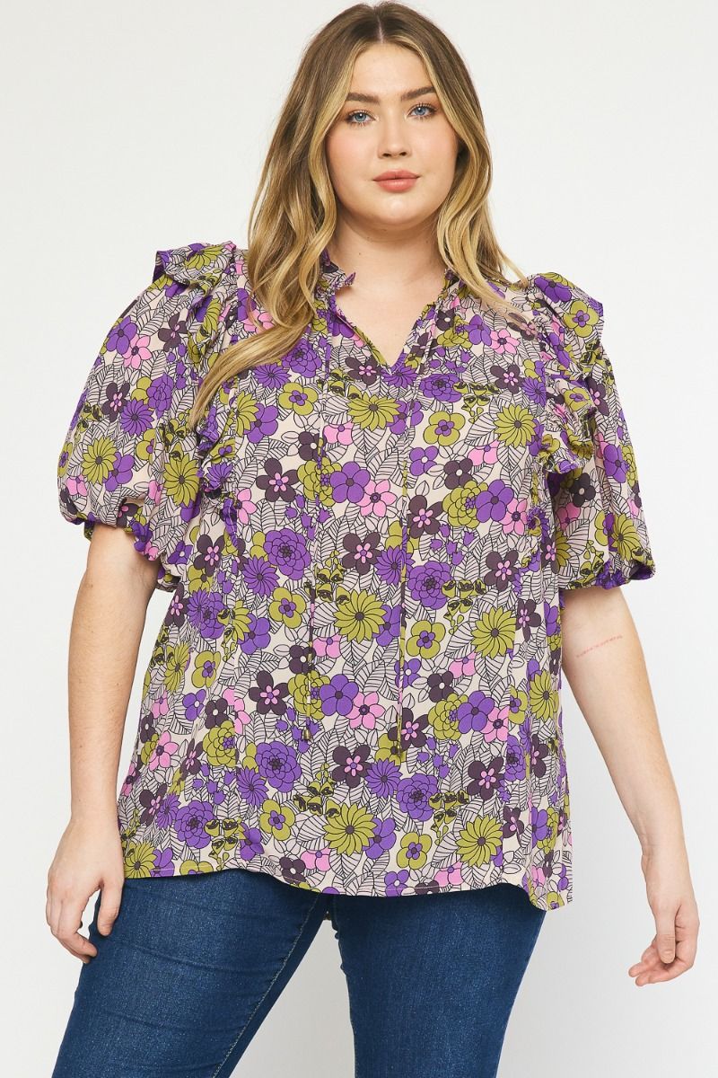 T21322P Curvy Floral Print V-Neck Top