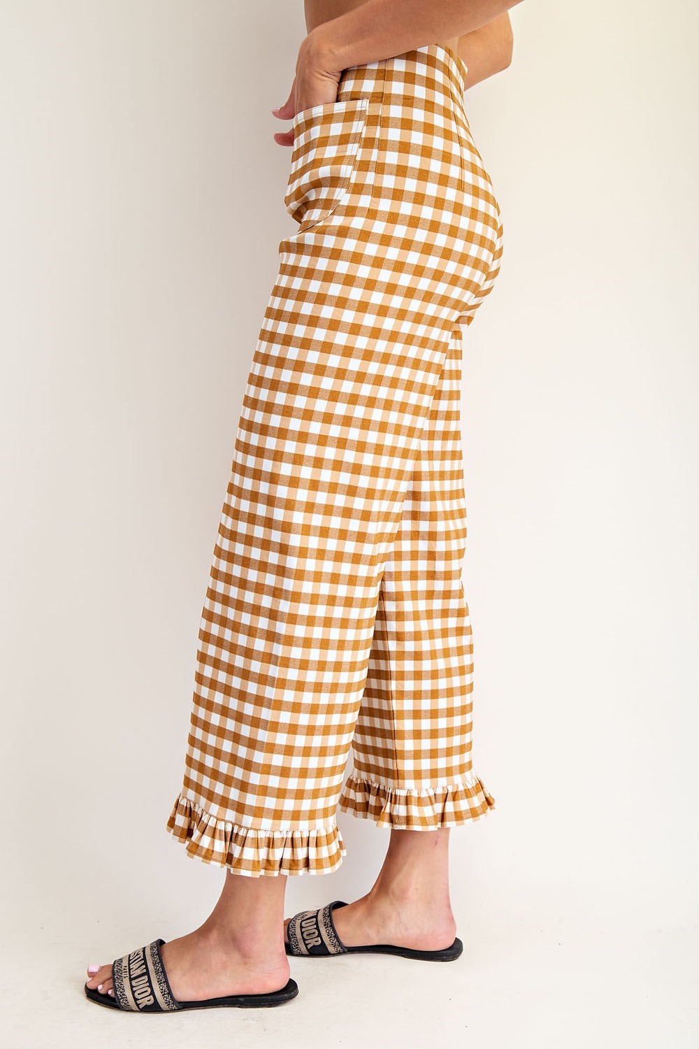 PK14573 Gingham Ruffle Trim Straight Leg Pants